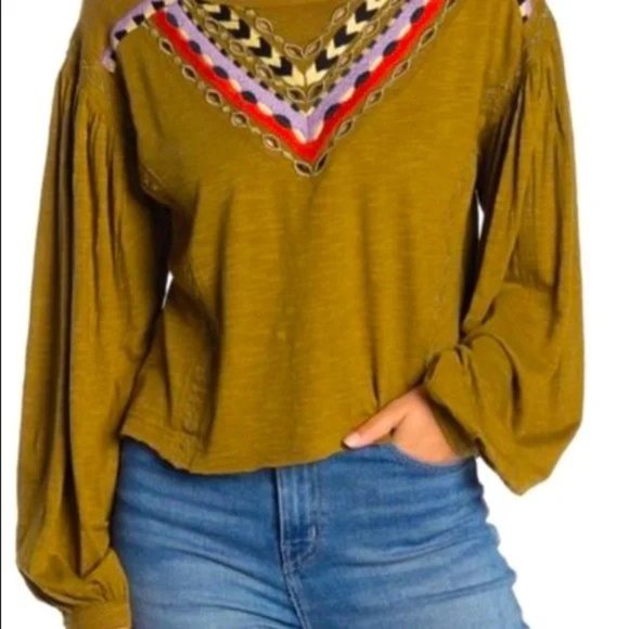 Free People Tops - Free People Boho Moss Combo Linen Blend Top Size M